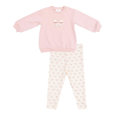 Baby girl oversized pink sweatshirt with bow detail paired with cream leggings featuring a bow pattern.