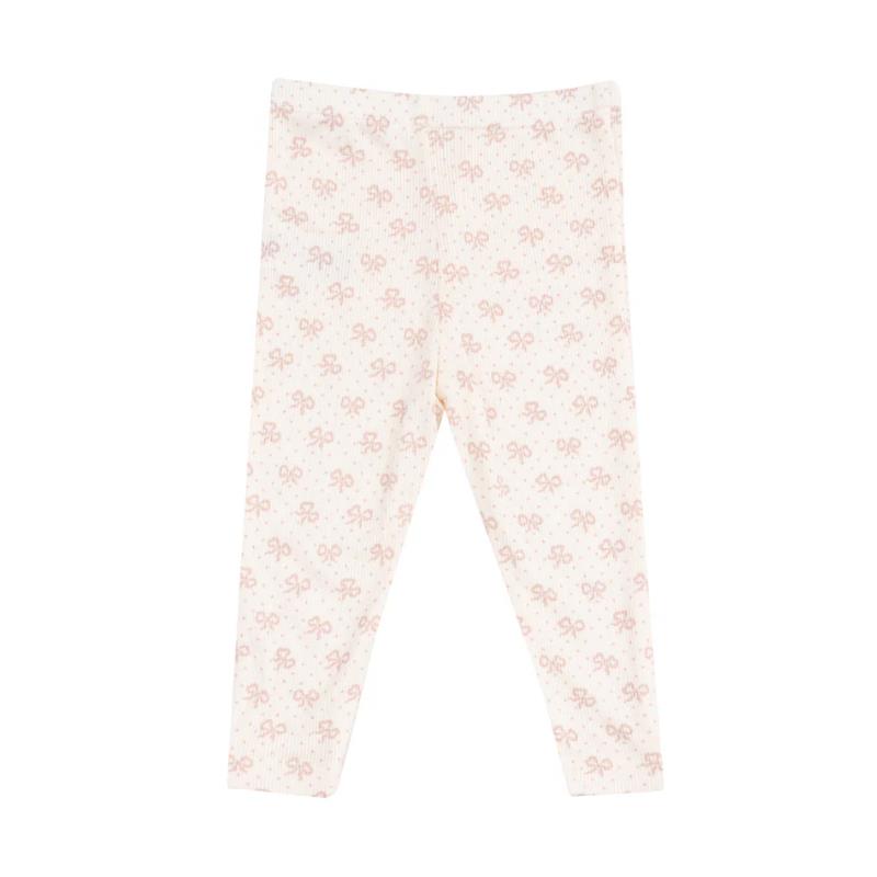 Cream leggings patterned with pink bows, designed for baby girls, from the Angel Dear collection.