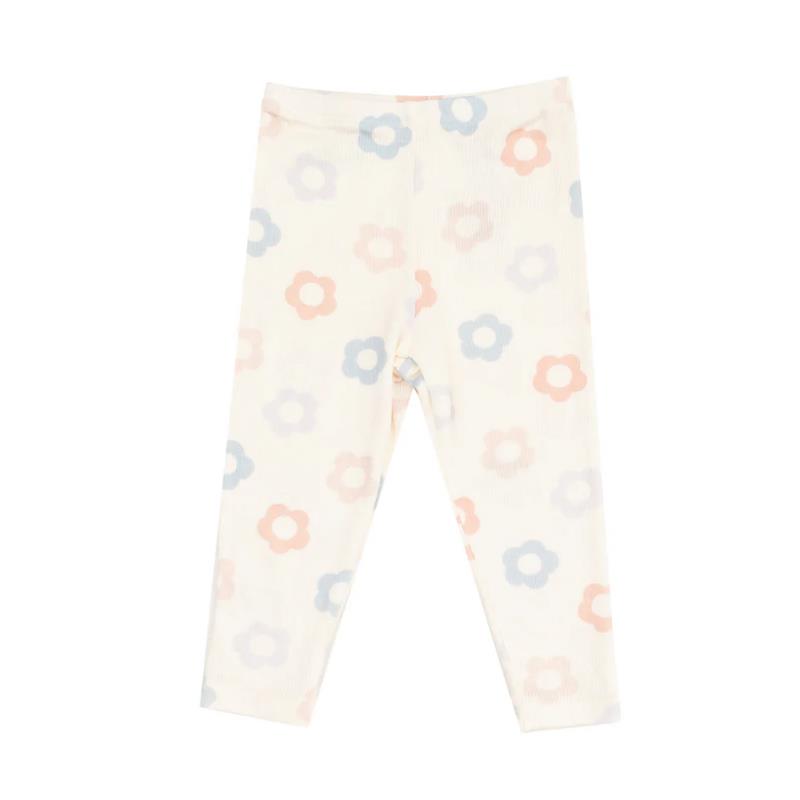 Baby girl leggings featuring a pastel floral pattern in blue, pink, and peach on a light background.