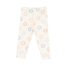 Baby girl leggings featuring a pastel floral pattern in blue, pink, and peach on a light background.