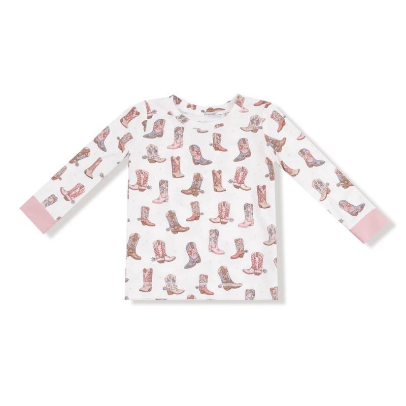 Long sleeve loungewear set for baby girls featuring a white top adorned with pink and brown cowboy boot patterns.
