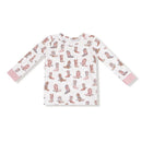 Long sleeve loungewear set for baby girls featuring a white top adorned with pink and brown cowboy boot patterns.
