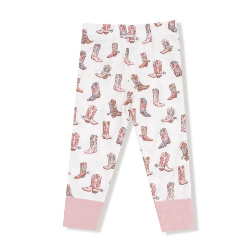 Long sleeve loungewear set featuring a playful cowboy boot print in pink and pastel colors.