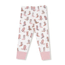 Long sleeve loungewear set featuring a playful cowboy boot print in pink and pastel colors.