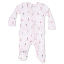 Petite pink footie with ruffle front, featuring a ballet dancer print, designed for baby girls with a zipper closure.
