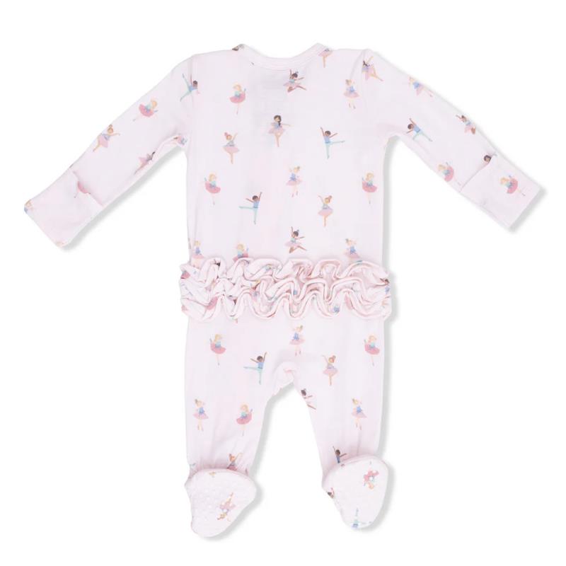 Pink baby footie featuring a ballet print with ruffled front and zipper closure, designed for girls.