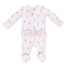 Pink baby footie featuring a ballet print with ruffled front and zipper closure, designed for girls.