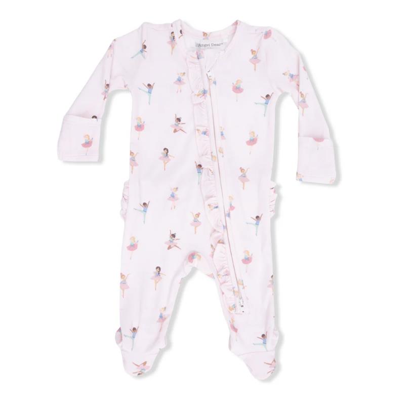 Petite ballet-themed footie for baby girls, featuring ruffle front and zipper, adorned with colorful dancer illustrations.