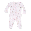 Petite ballet-themed footie for baby girls, featuring ruffle front and zipper, adorned with colorful dancer illustrations.