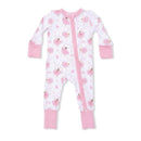 Convertible romper for baby girls featuring a pink ballet print, long sleeves, and a front zipper.