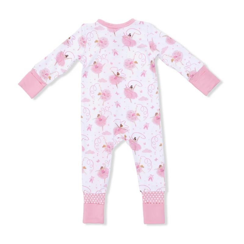 Convertible romper for baby girls in white with pink ballet-themed prints and coordinating cuffs.
