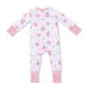 Convertible romper for baby girls in white with pink ballet-themed prints and coordinating cuffs.