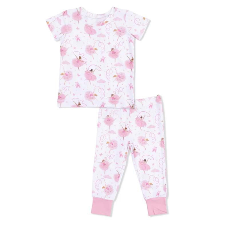 Short sleeve loungewear set for baby girls featuring pink ballerina and floral print, with matching pants and pastel cuffs.