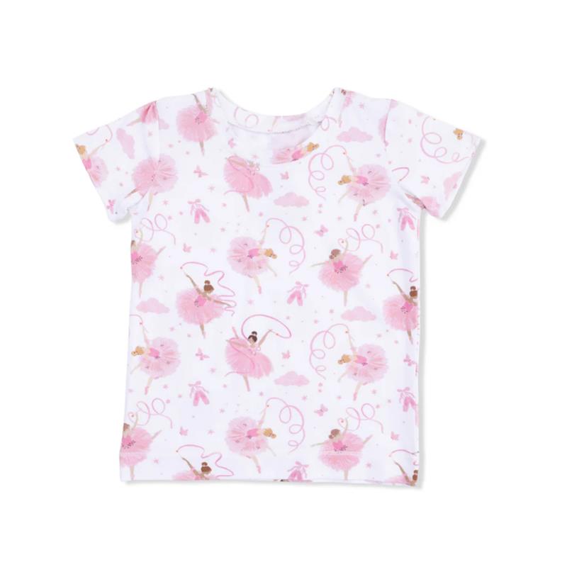 Short sleeve loungewear top featuring a pink ballerina print with flowers and butterflies on a white background.