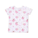 Short sleeve loungewear top featuring a pink ballerina print with flowers and butterflies on a white background.