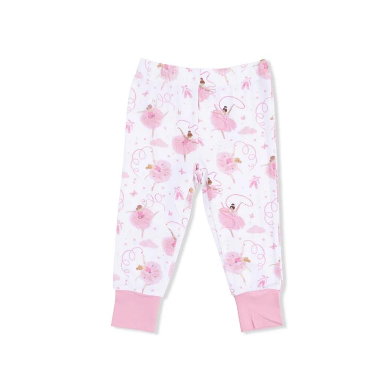 Short sleeve loungewear set featuring pink pants adorned with ballerinas and floral designs.
