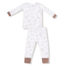 Long sleeve white loungewear set featuring playful dog illustrations, with brown-trimmed sleeves and pants.