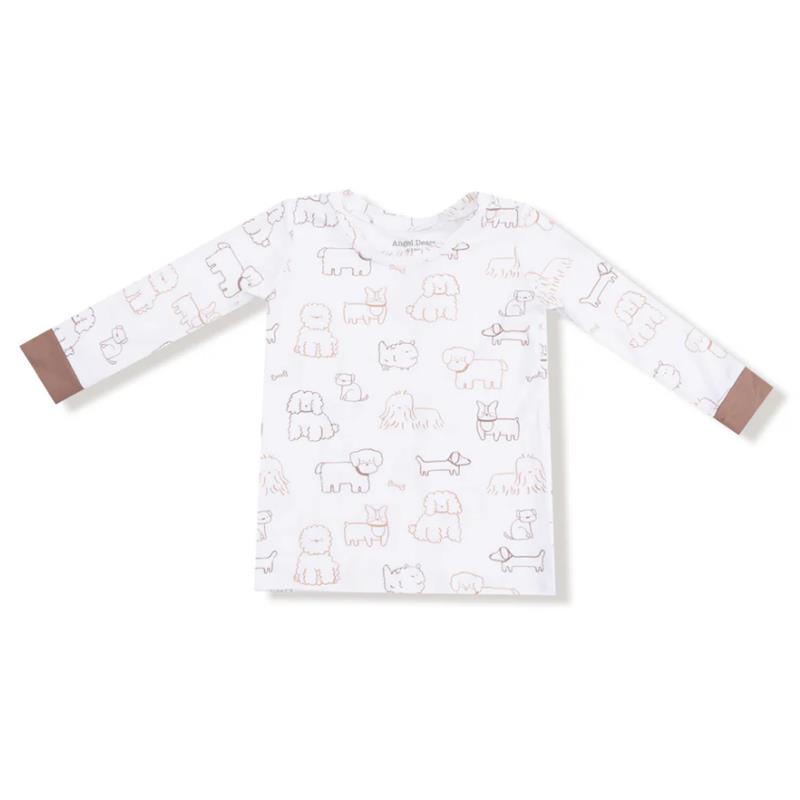 Long sleeve loungewear set featuring a playful pattern of various dog illustrations on a white background.