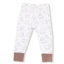 Long sleeve baby loungewear set featuring white pants with brown cuffs, adorned with adorable dog illustrations.