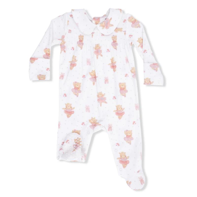 Ballerina-themed baby footie in white with teddy bear prints, soft collar, and snap closure.