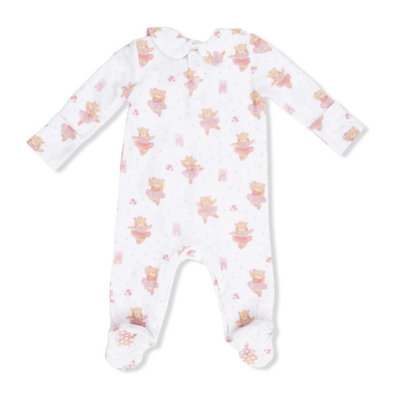 Smoked Peter Pan snap footie featuring a ballerina teddy bear print in soft pastel colors with a round collar and footed design.