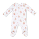 Smoked Peter Pan snap footie featuring a ballerina teddy bear print in soft pastel colors with a round collar and footed design.