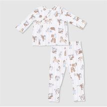 Cowboy-themed nursery take-me-home set featuring a long-sleeve top and pants, decorated with horses and cowboy items.