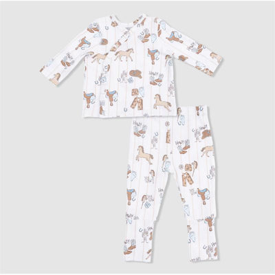 Cowboy-themed nursery take-me-home set featuring a long-sleeve top and pants, decorated with horses and cowboy items.
