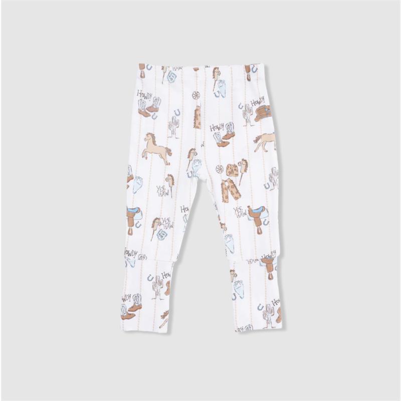 Convertible pants featuring a cowboy-themed pattern with horses, boots, and lassos, ideal for nursery wear.