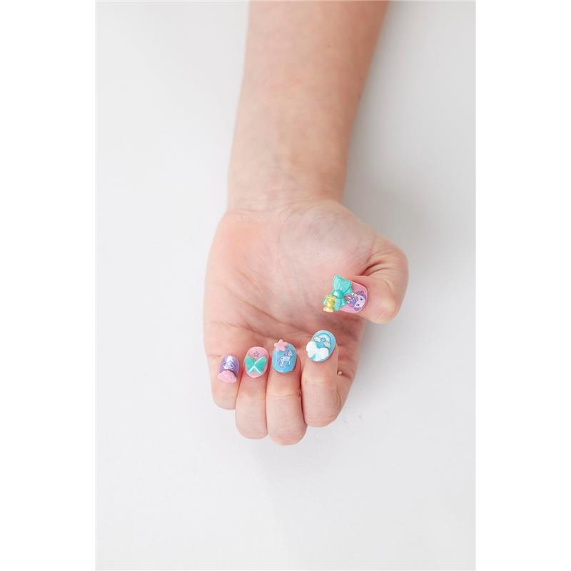 Colorful painted nails featuring unicorn and star designs, showcasing the Aquabeads - Stars & Unicorn Nail Refill Kit.