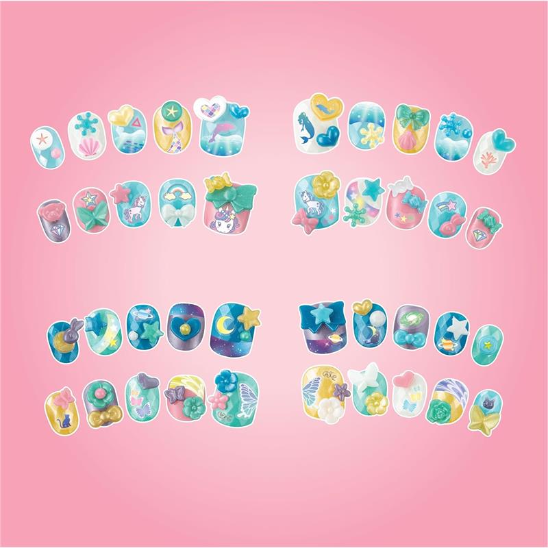 Colorful nail art designs featuring stars, unicorns, and marine themes from the Aquabeads Stars & Unicorn Nail Refill Kit, displayed on a pink background.
