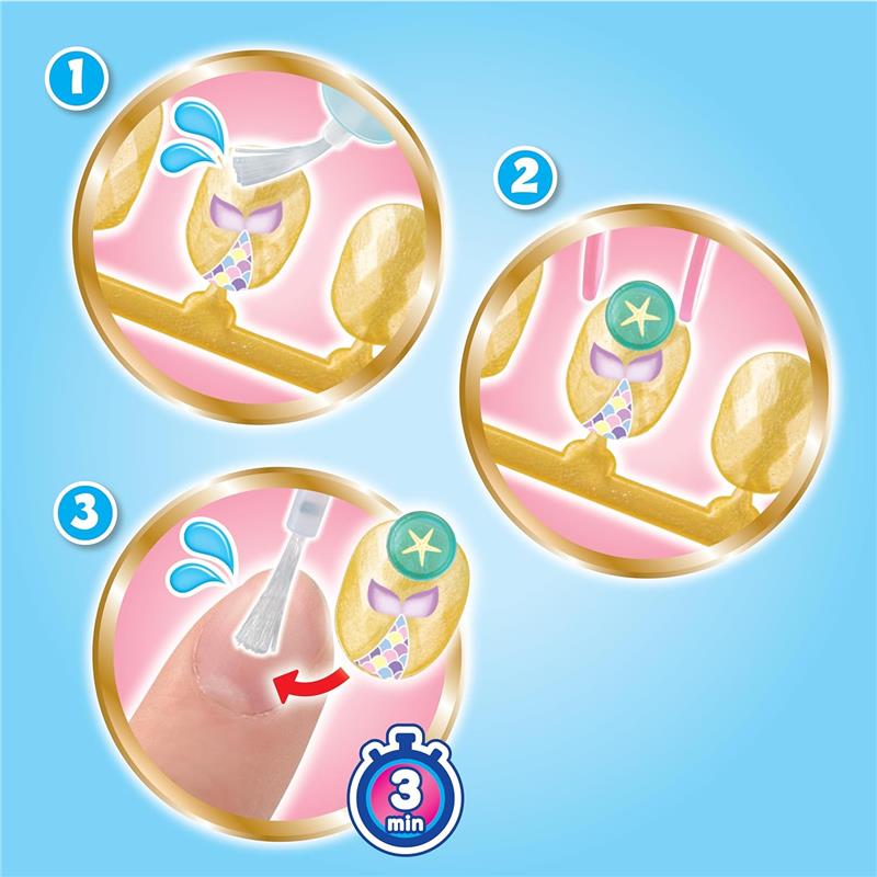 Aquabeads Stars & Unicorn Nail Refill Kit showing three steps: applying water, attaching a design, and placing it on a nail.