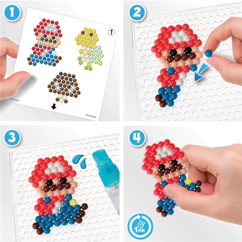 Aquabeads Super Mario Character Set showcases step-by-step instructions to create Mario with colored beads on a pegboard.