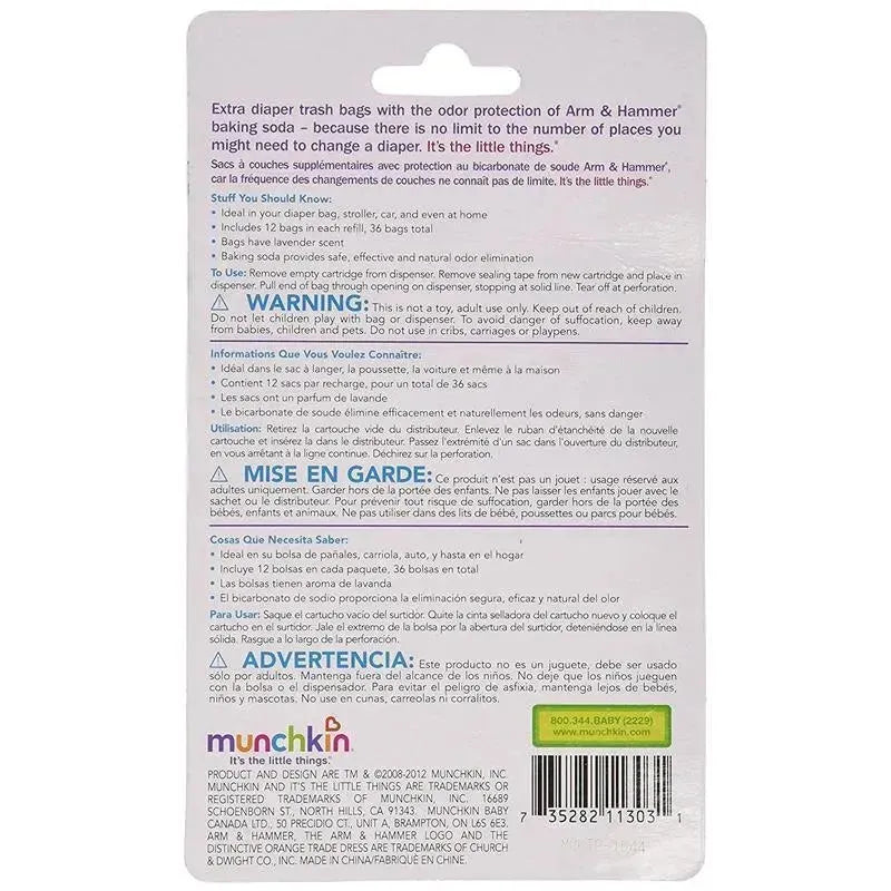 Extra diaper trash bags from Arm & Hammer in a 6-pack, featuring odor elimination and usage instructions on the back.