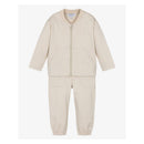 Beige baby boy tracksuit featuring a zip-up jacket with a front pocket and matching pants with elastic cuffs.