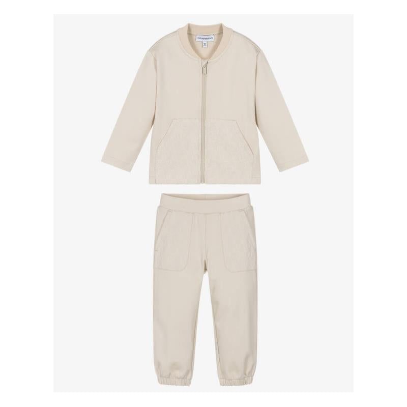 Beige two-piece tracksuit for baby boys, featuring a zip-up jacket and matching pants with front pockets.