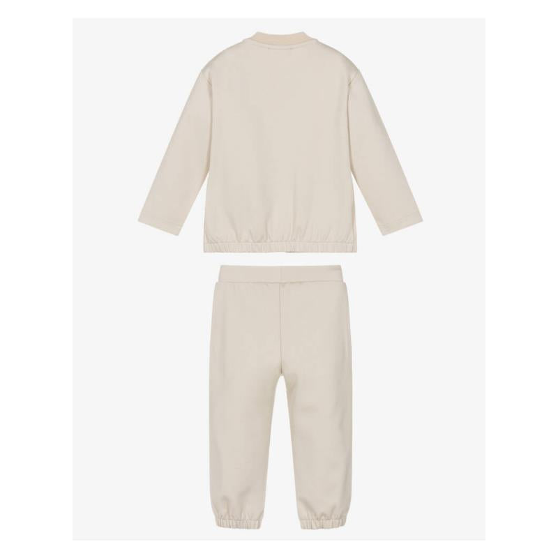 Beige tracksuit for baby boys featuring a long-sleeve top and matching pants with elastic cuffs.