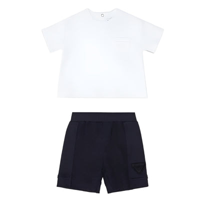 Armani Baby set featuring a white T-shirt with a chest pocket and navy shorts with a logo patch.