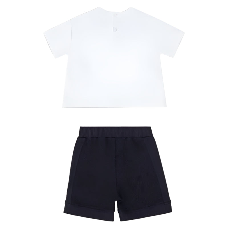 Set of a white T-shirt and navy shorts for babies by Armani, showcasing a simple yet stylish design.
