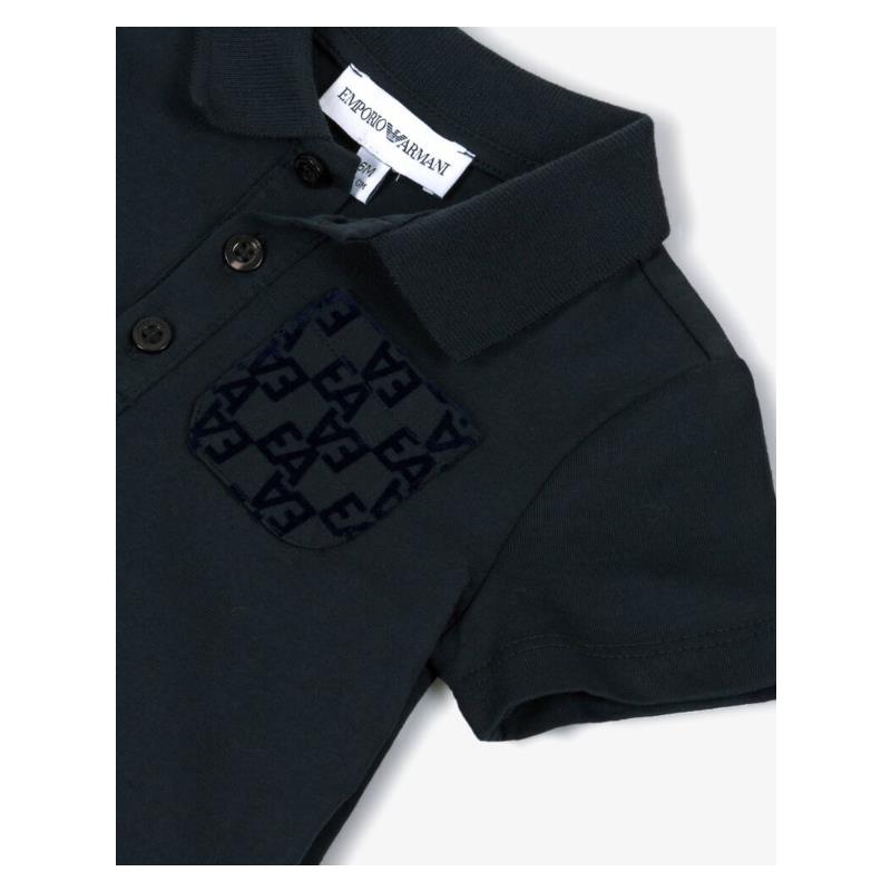 Navy blue short sleeve polo for baby boys featuring a patterned pocket and an Emporio Armani label.