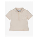 Short sleeve beige polo shirt for baby boys featuring a logo printed pocket and a classic collar.