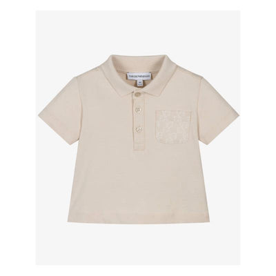 Short sleeve beige polo shirt for baby boys featuring a logo printed pocket and a classic collar.