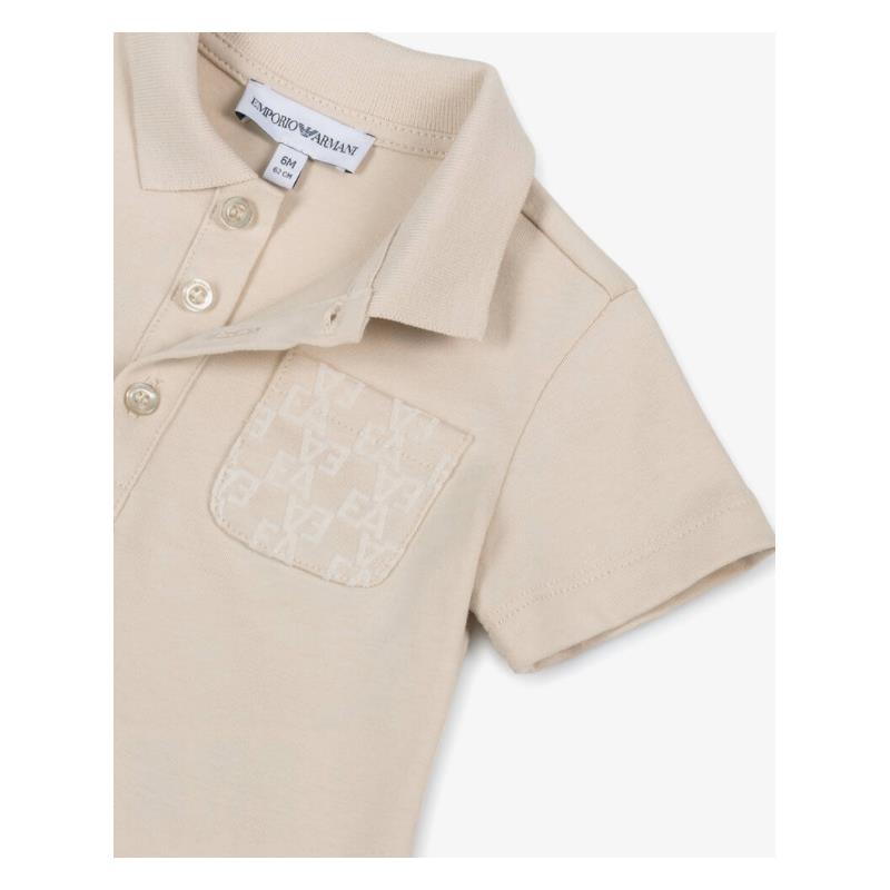 Beige short sleeve polo shirt for baby boys featuring a textured logo pocket and three button closure.