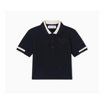 Navy short sleeve polo shirt for baby boys featuring a buttoned placket and contrasting collar trim.