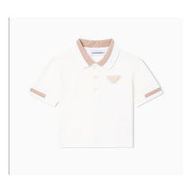 Short sleeve white polo shirt for baby boys featuring a tan collar and logo emblem on the chest.