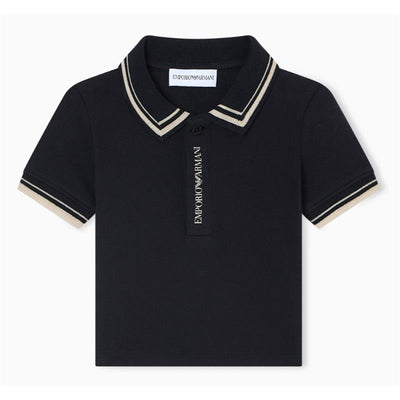 Short sleeve navy polo shirt for baby boys with contrasting piping detail and embroidered Emporio Armani logo.