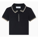 Short sleeve navy polo shirt for baby boys with contrasting piping detail and embroidered Emporio Armani logo.