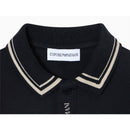 Navy short sleeve polo shirt for baby boys featuring a contrast piped collar and embroidered Emporio Armani logo.