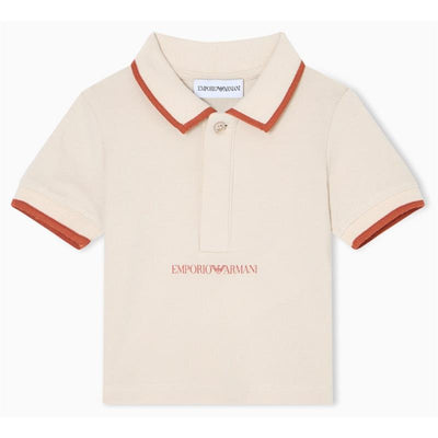 Baby boy short sleeve polo shirt in oak with contrasting red piping and embroidered Emporio Armani logo on the front.