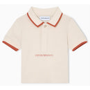 Baby boy short sleeve polo shirt in oak with contrasting red piping and embroidered Emporio Armani logo on the front.